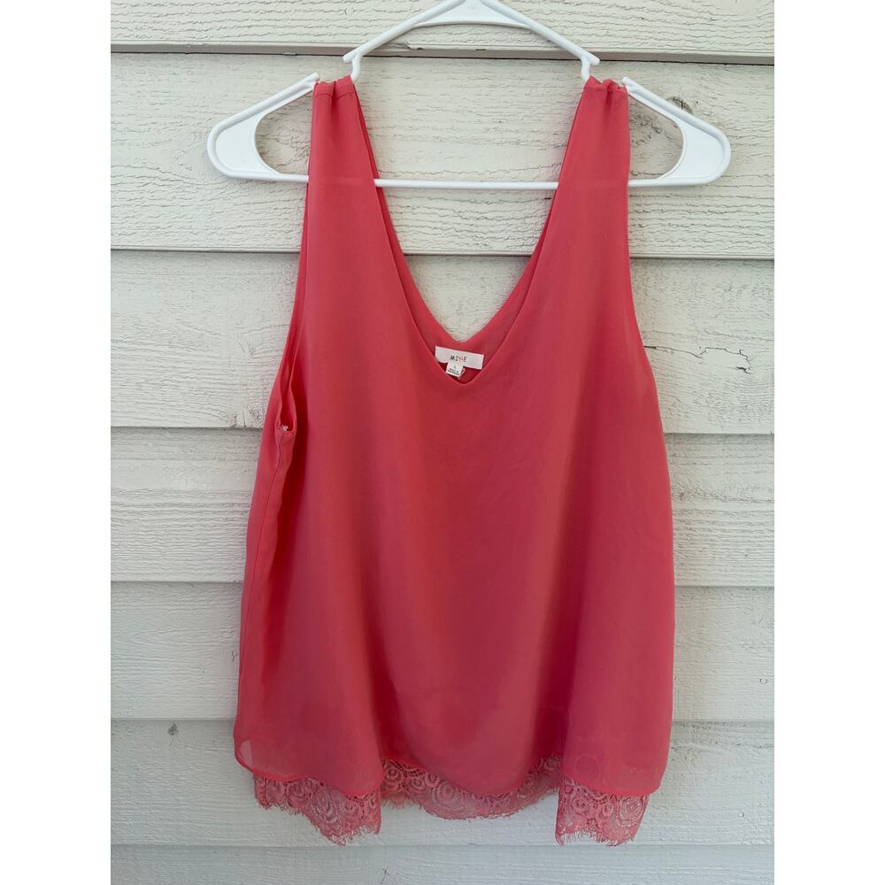 Mine Pink Sleeveless V-Neck Blouse Lace Detailed Hem Lightweight Top L - Picture 8 of 8